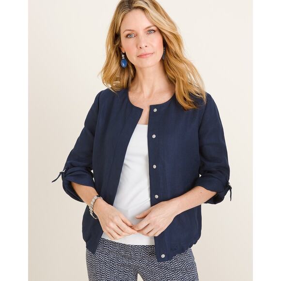 Chico's Utility Jacket 2 L Linen Snap Front 3/4 Tab Sleeve Lightweight Navy Blue - Picture 1 of 8